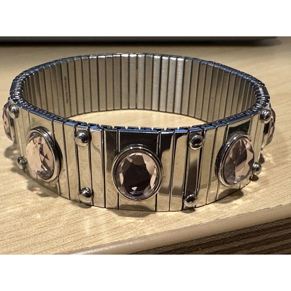 Steel by Design Stainless Steel Pink Crystal Bezel Oval Studded Stretch Bracelet